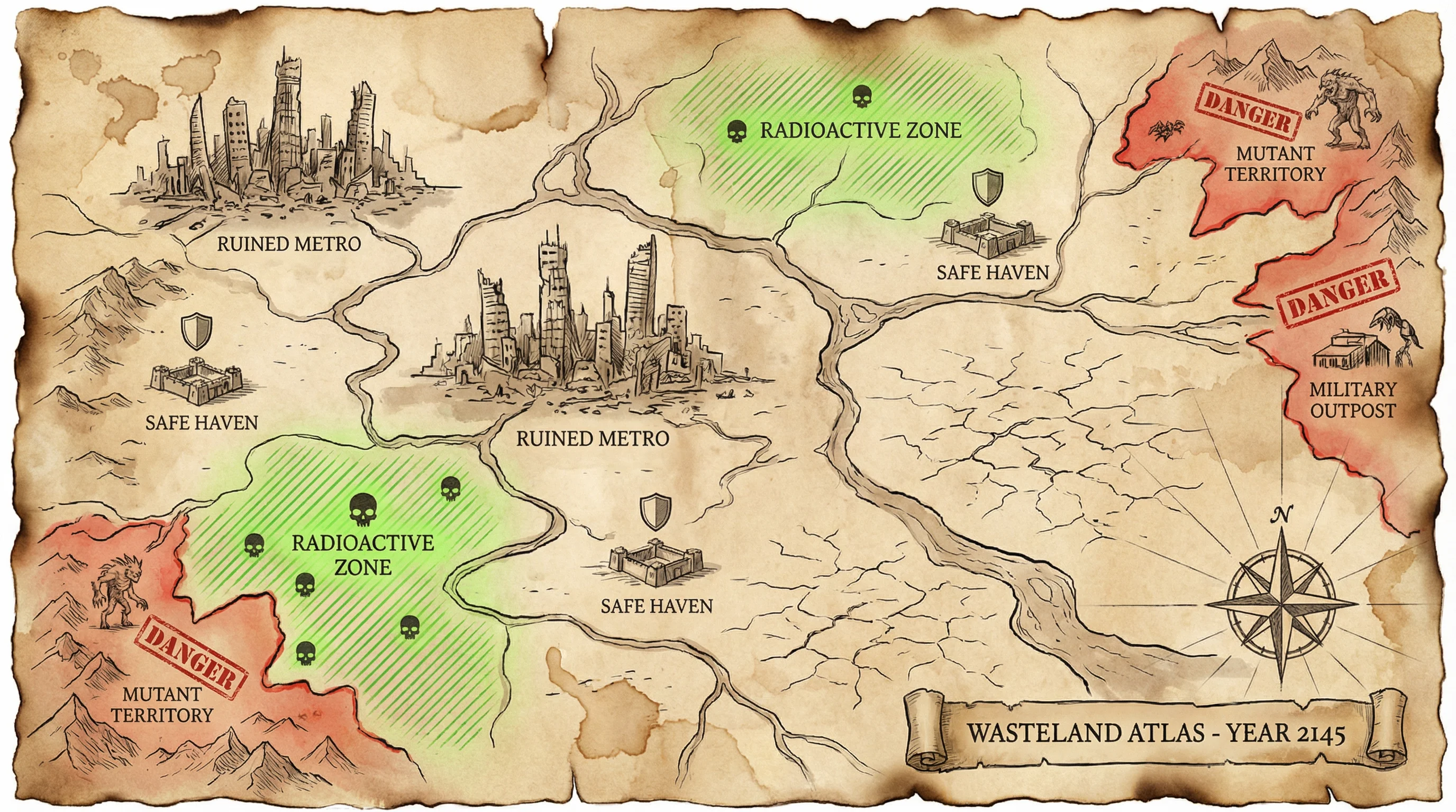 废土世界地图导览，标注了 麻将胡了 探索区域、安全屋和危险区